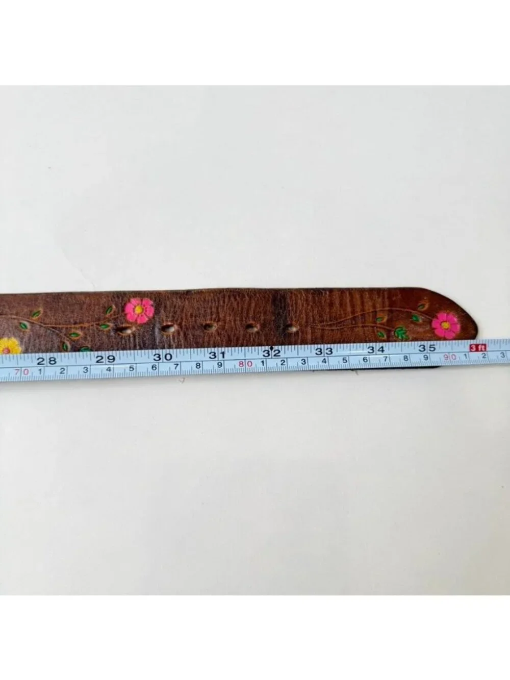 Vintage Hand Painted Floral Leather Belt Brown Brass Buckle Men's Size 30